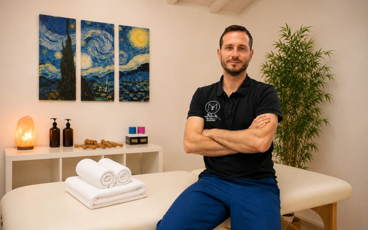 Mirko Borgheresi seduto sul lettino del suo studio di Rosano